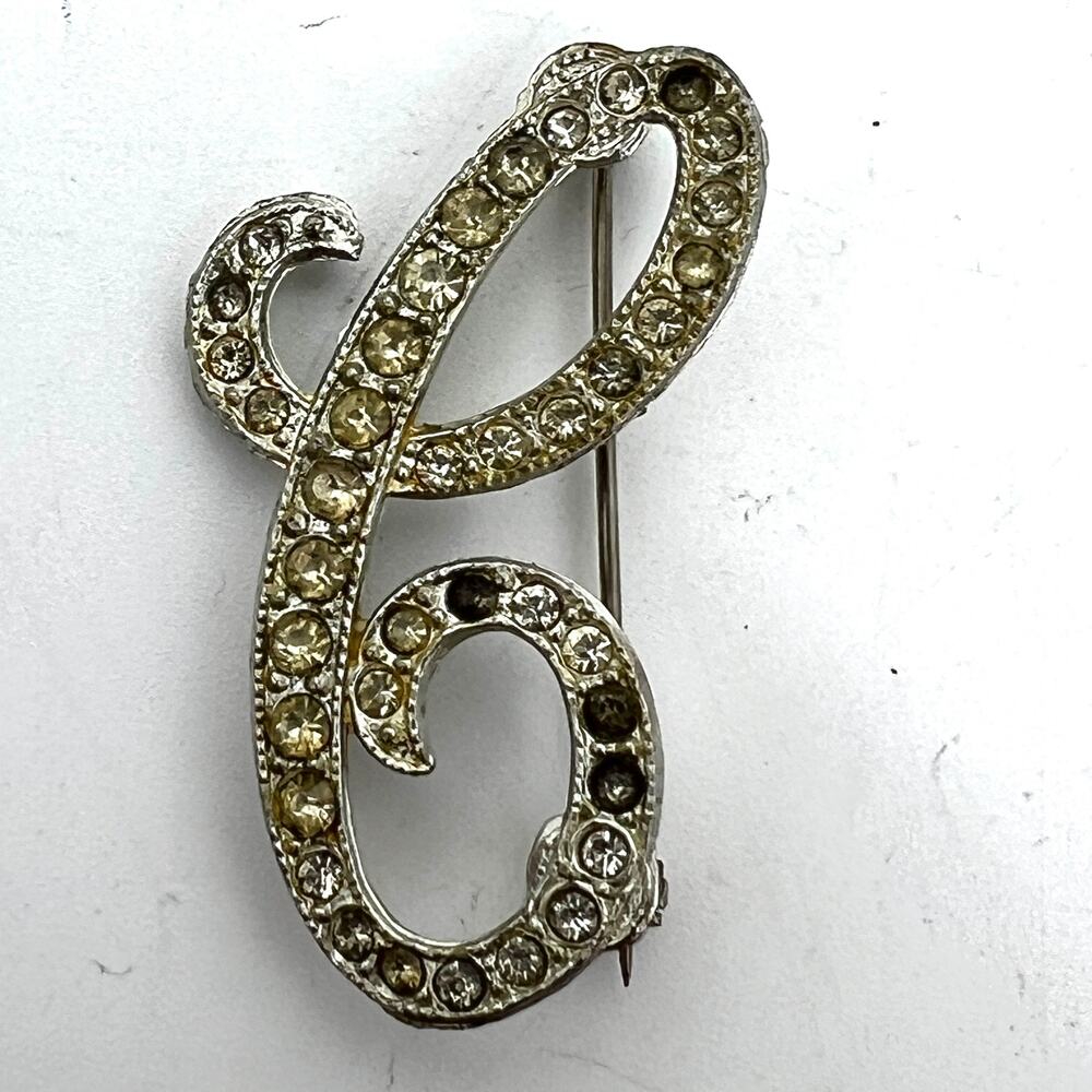 Vintage Rolestan Silver Tone Rhinestone Initial C Pin Brooch Monogram **READ**